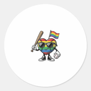 Retro Regenboog Hart Honkbal Pride T-shirt Ontwerp Ronde Sticker