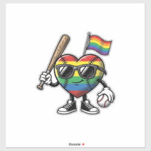 Retro Regenboog Hart Honkbal Pride T-shirt Ontwerp Sticker
