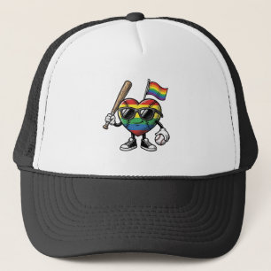 Retro Regenboog Hart Honkbal Pride T-shirt Ontwerp Trucker Pet