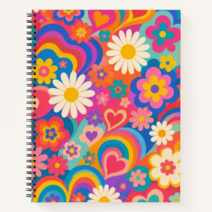 Retro Regenboog Harten en Bloemen Notitieboek