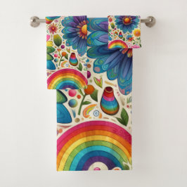 Retro Regenboog Hippie Bloemmotief Bad Handdoek