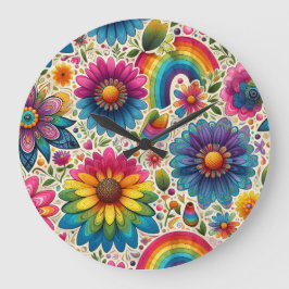 Retro Regenboog Hippie Bloemmotief Grote Klok