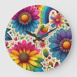 Retro Regenboog Hippie Bloemmotief Grote Klok