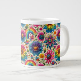 Retro Regenboog Hippie Bloemmotief Grote Koffiekop