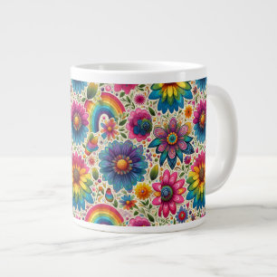 Retro Regenboog Hippie Bloemmotief Grote Koffiekop