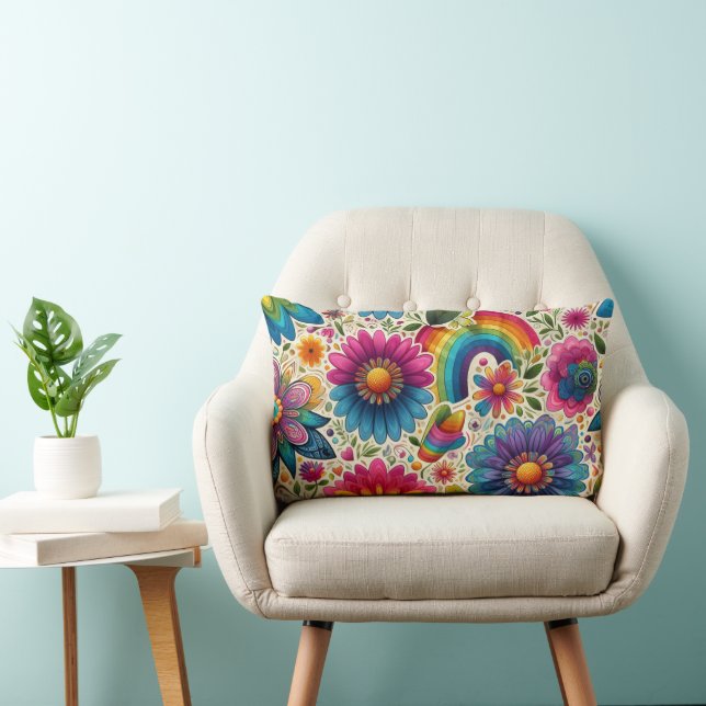 Retro Regenboog Hippie Bloemmotief Kussen (Stoel)