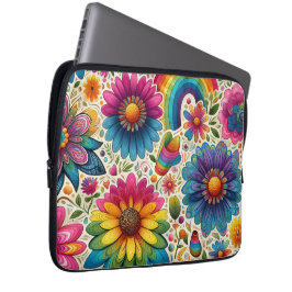 Retro Regenboog Hippie Bloemmotief Laptop Sleeve