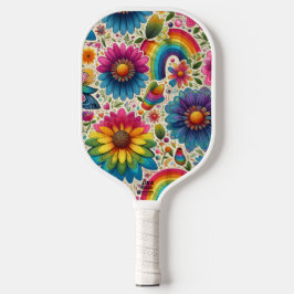 Retro Regenboog Hippie Bloemmotief Pickleball Paddle