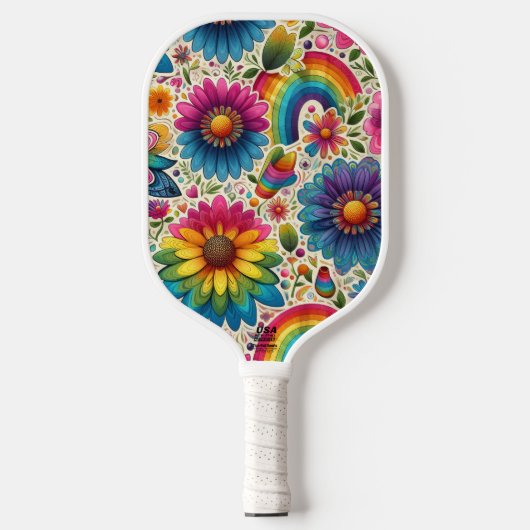 Retro Regenboog Hippie Bloemmotief Pickleball Paddle (Voorkant)