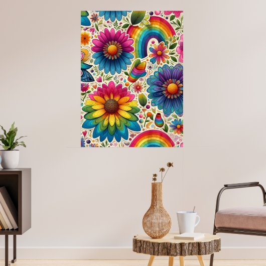 Retro Regenboog Hippie Bloemmotief Poster (Woonkamer 3)