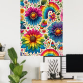 Retro Regenboog Hippie Bloemmotief Poster (Thuiskantoor)