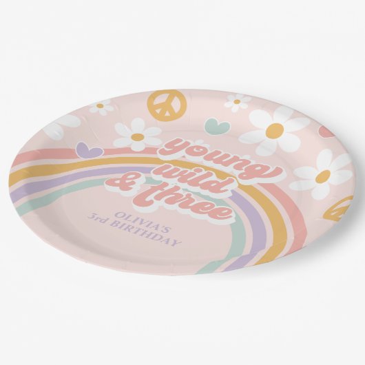 Retro Regenboog Jong Wild Drie 3e Verjaardag Papieren Bordje (Gekanteld)