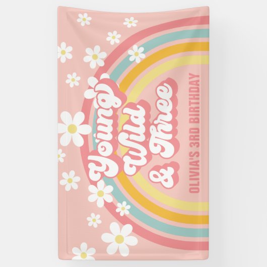 Retro Regenboog Jong Wild Drie Groovy 3e Verjaarda Spandoek (Verticaal)