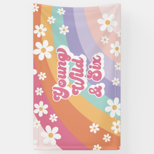 Retro Regenboog Jong Wild en Zes 6e Verjaardag Spandoek (Verticaal)