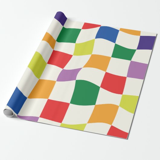 Retro Regenboog Kleurrijke Verwrongen Checkerboard Cadeaupapier (Uitgerold)
