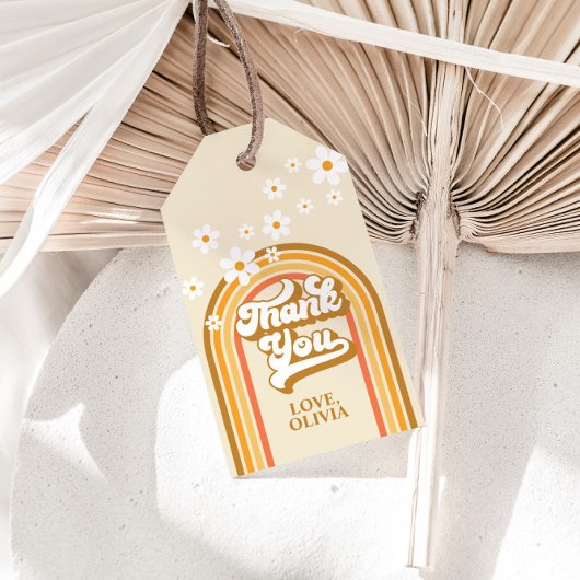 Retro Regenboog Madelief Groovy bruiloft feestje Cadeaulabel