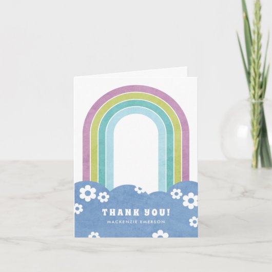 Retro Regenboog & Madeliefjes Bedankkaart - Paars (Voorkant)