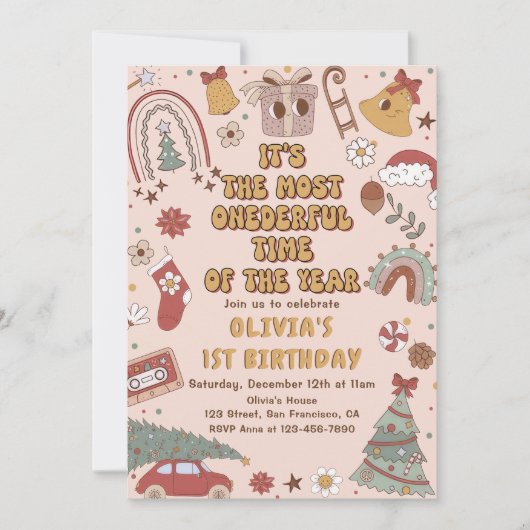 Retro Regenboog Onederful Kerstmis 1e Verjaardag Kaart (Voorkant)