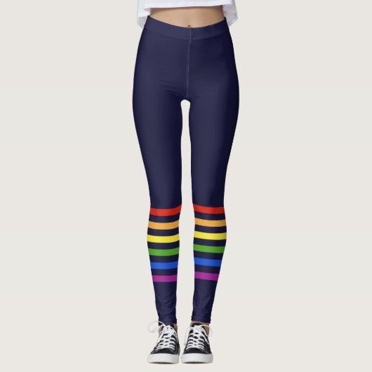 Retro Regenboog Stripes Marine Blauw Monogrammed H Leggings (Voorkant)