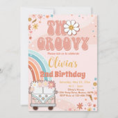 Retro Regenboog Twee Groovy 2de Verjaardagsuitnodi Kaart (Voorkant)