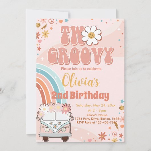 Retro Regenboog Twee Groovy 2e Verjaardag Uitnodig Kaart (Voorkant)