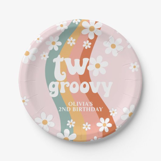 Retro Regenboog Twee Groovy Madeliefje Papieren Bordje (Voorkant)