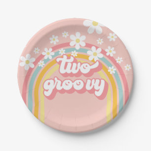 Retro Regenboog Two Groovy 2de Verjaardag Papieren Bordje