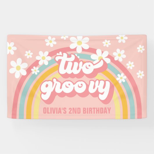 Retro Regenboog Two Groovy 2de Verjaardag Spandoek (Horizontaal)