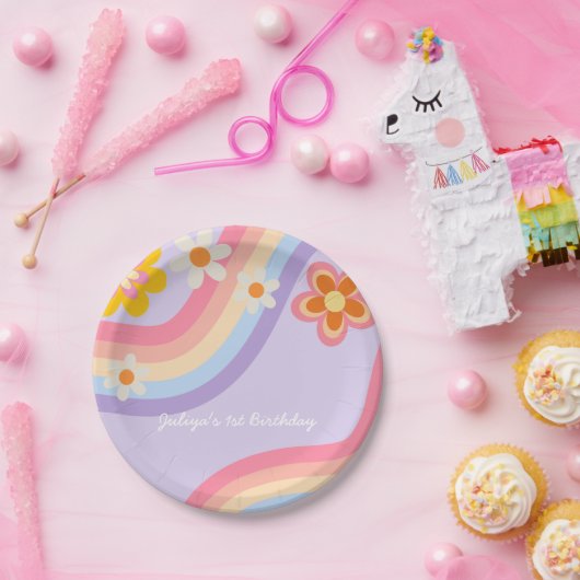 Retro Regenboog Verjaardag Papieren Bordje (Feest)