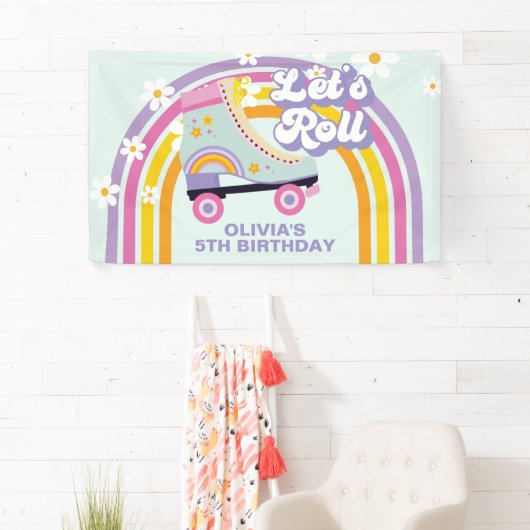 Retro regenboog verjaardag roller skate spandoek (Insitu)