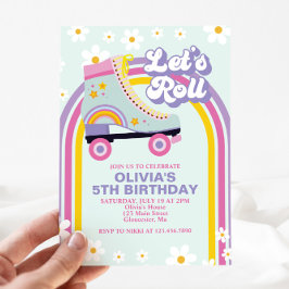Retro regenboog verjaardagsuitnodiging Roller skat Kaart