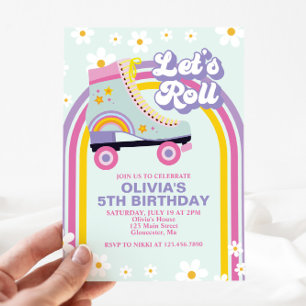 Retro regenboog verjaardagsuitnodiging Roller skat Kaart