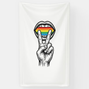 Retro Regenboog Vrede Hand Pride Vector T-shirt_1 Spandoek