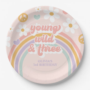 Retro Regenboog Young Wild Drie 3de Verjaardag Papieren Bordje