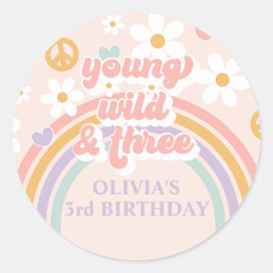Retro Regenboog Young Wild Drie 3de Verjaardag Ronde Sticker
