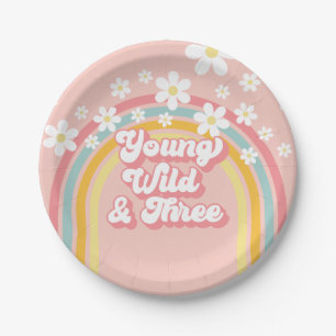 Retro Regenboog Young Wild en Drie 3de Verjaardag Papieren Bordje