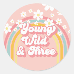 Retro Regenboog Young Wild en Drie 3e Verjaardag Ronde Sticker