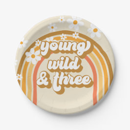 Retro Regenboog Young Wild en Drie Verjaardag Papieren Bordje