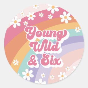 Retro Regenboog Young Wild en Zes 6de Verjaardag Ronde Sticker