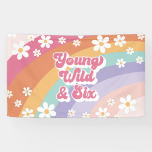 Retro Regenboog Young Wild en Zes 6de Verjaardag Spandoek