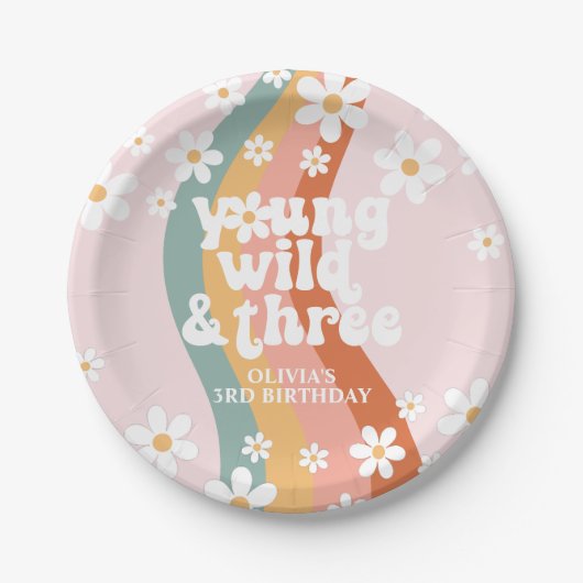 Retro Regenboog Young Wild Three Madeliefje Papieren Bordje (Voorkant)