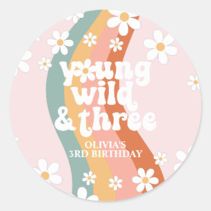Retro Regenboog Young Wild Three Madeliefje Ronde Sticker