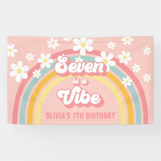 Retro Regenboog Zeven is een Vibe Groovy 7e Verjaa Spandoek (Horizontaal)