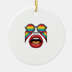 Retro Regenboog Zonnewijzer Lippen Gezicht Vector  Keramisch Ornament