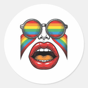 Retro Regenboog Zonnewijzer Lippen Gezicht Vector  Ronde Sticker