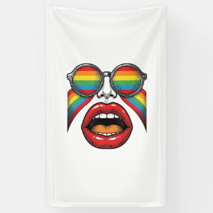 Retro Regenboog Zonnewijzer Lippen Gezicht Vector  Spandoek
