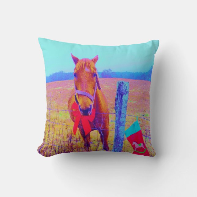 Retro regenboogkleurig Kerstpaard Kussen (Voorkant)