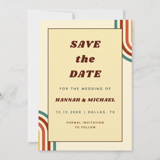 Retro Regenboogstapes 70 jaar Geel Save The Date (Voorkant)