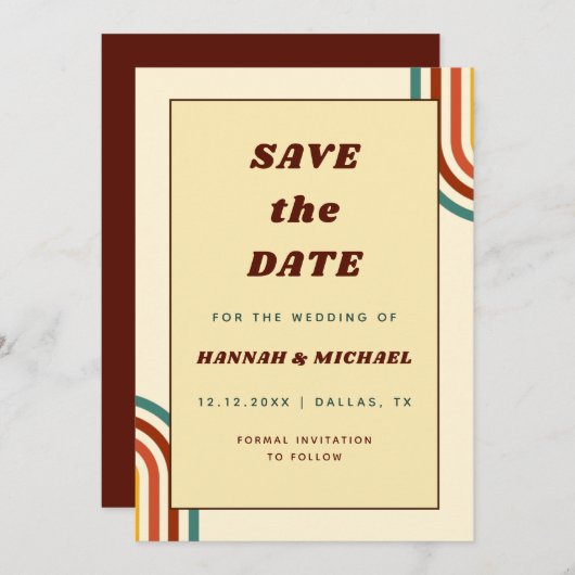 Retro Regenboogstapes 70 jaar Geel Save The Date (Voorkant / Achterkant)