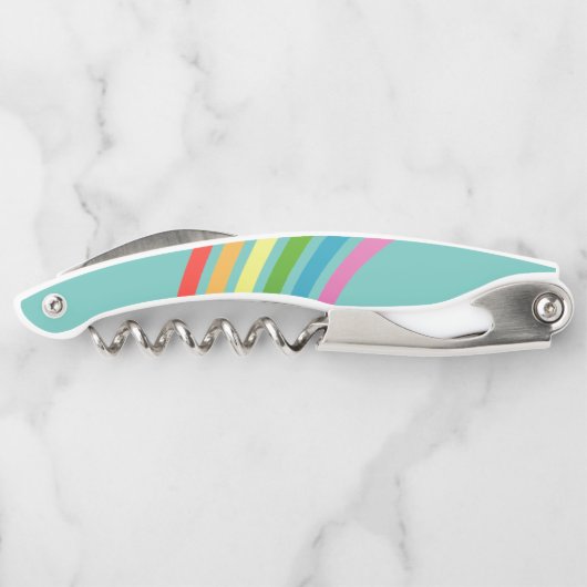 Retro regenboogstrepen Blauwgroen monogram Kurkentrekker (Achterkant)